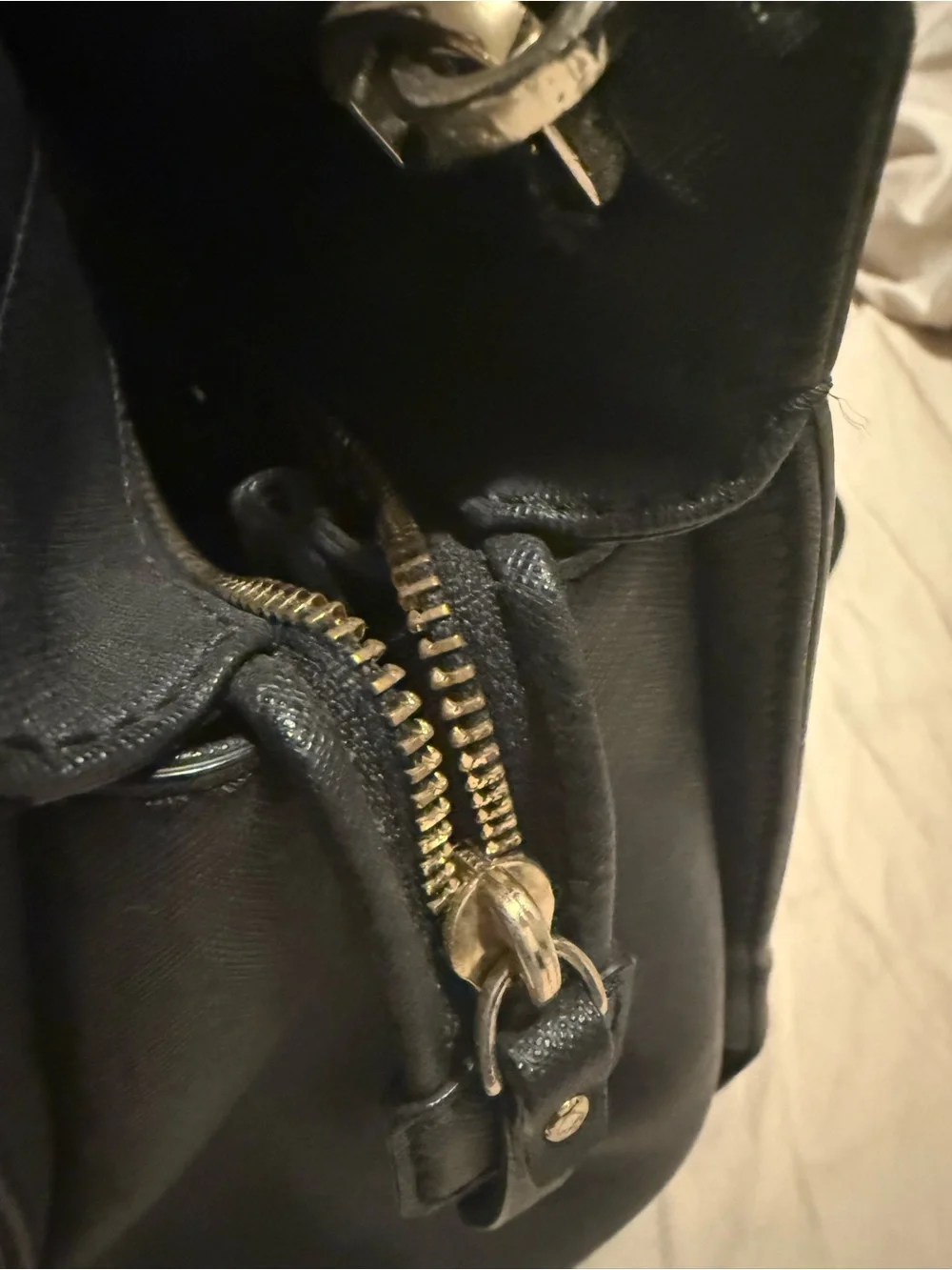 kate spade black leather tote with gold logo